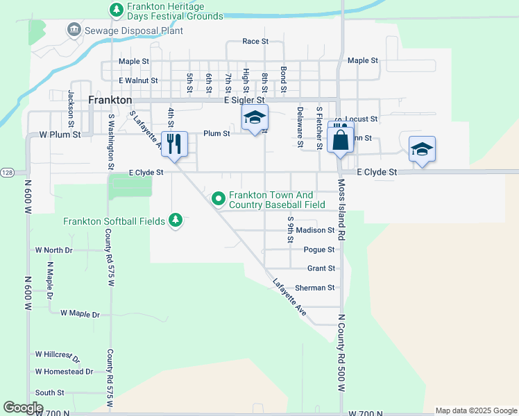 map of restaurants, bars, coffee shops, grocery stores, and more near 607 South 8th Street in Frankton