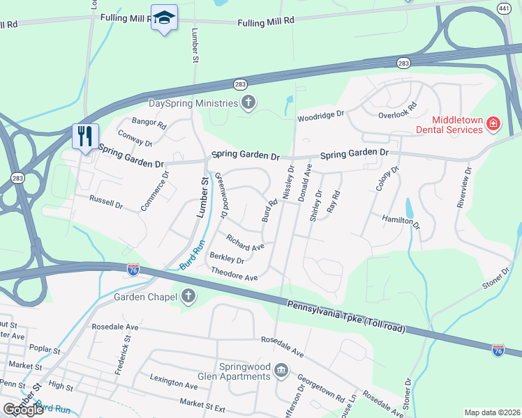 map of restaurants, bars, coffee shops, grocery stores, and more near 12 Burd Rd in Middletown