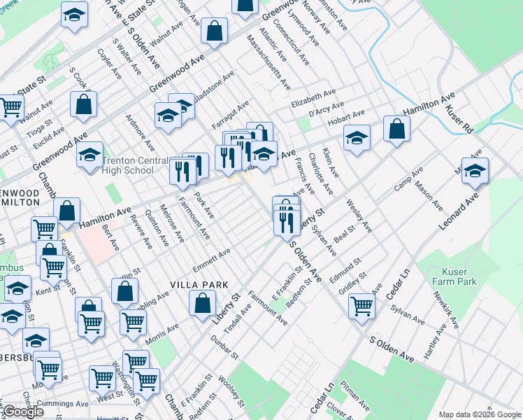 map of restaurants, bars, coffee shops, grocery stores, and more near 635 South Olden Avenue in Trenton