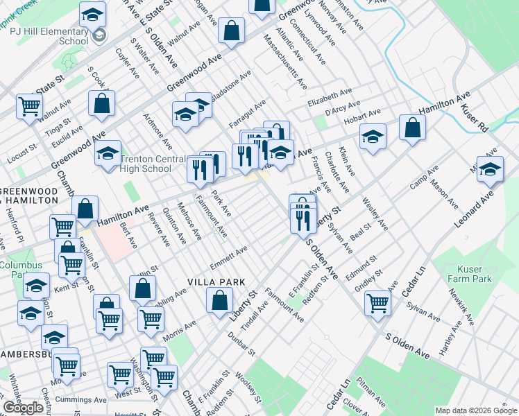 map of restaurants, bars, coffee shops, grocery stores, and more near 548 Centennial Avenue in Trenton