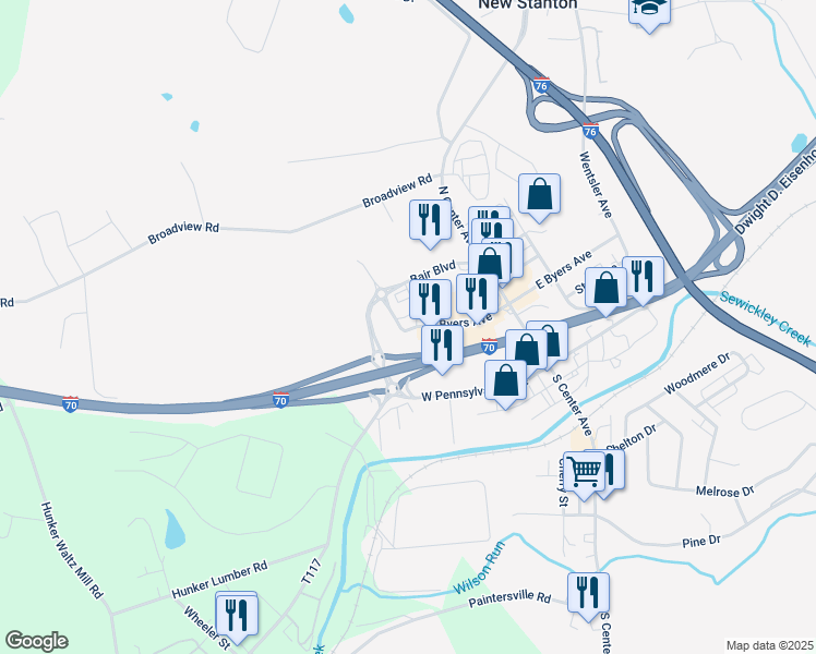 map of restaurants, bars, coffee shops, grocery stores, and more near 128 West Byers Avenue in New Stanton