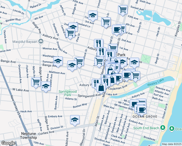 map of restaurants, bars, coffee shops, grocery stores, and more near 1000 Bangs Avenue in Asbury Park