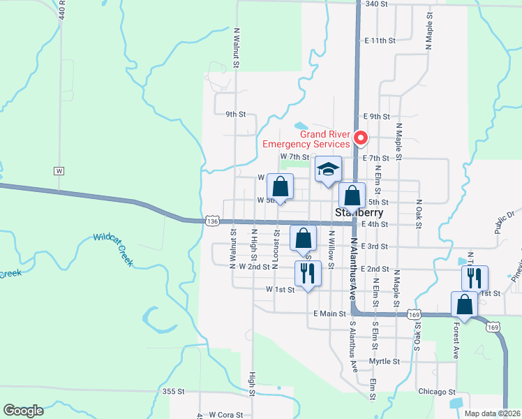 map of restaurants, bars, coffee shops, grocery stores, and more near 501-599 N High St in Stanberry