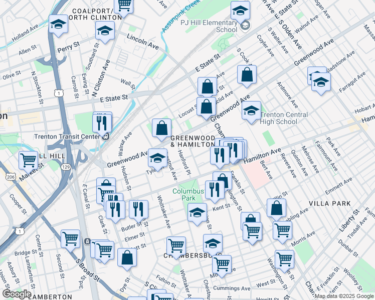 map of restaurants, bars, coffee shops, grocery stores, and more near 629 Monmouth Street in Trenton