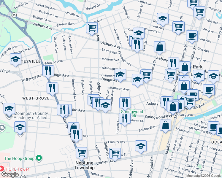 map of restaurants, bars, coffee shops, grocery stores, and more near 1406 Mattison Avenue in Asbury Park