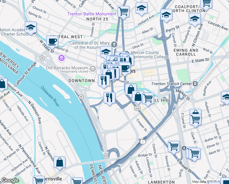 map of restaurants, bars, coffee shops, grocery stores, and more near 222 South Warren Street in Trenton