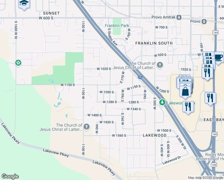 map of restaurants, bars, coffee shops, grocery stores, and more near 848 West 1200 South in Provo