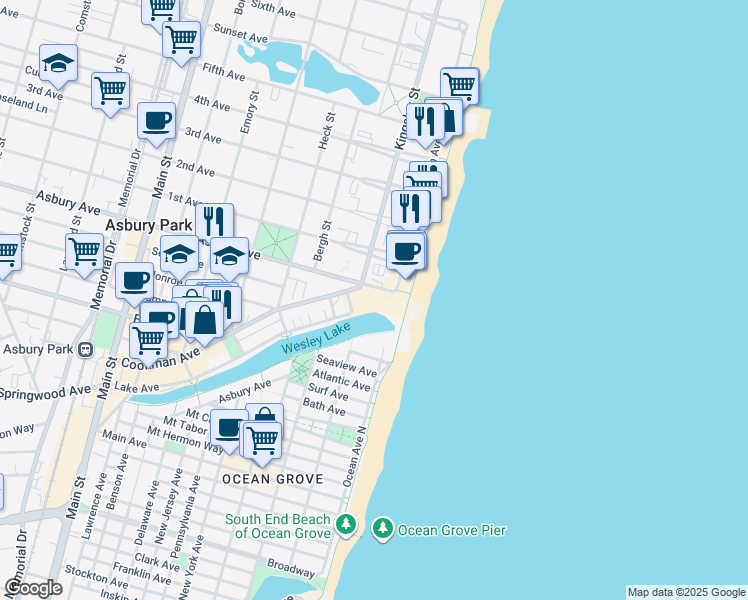 map of restaurants, bars, coffee shops, grocery stores, and more near 100 Asbury Avenue in Asbury Park
