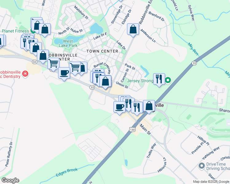 map of restaurants, bars, coffee shops, grocery stores, and more near 2370v New Jersey 33 in Robbinsville Township