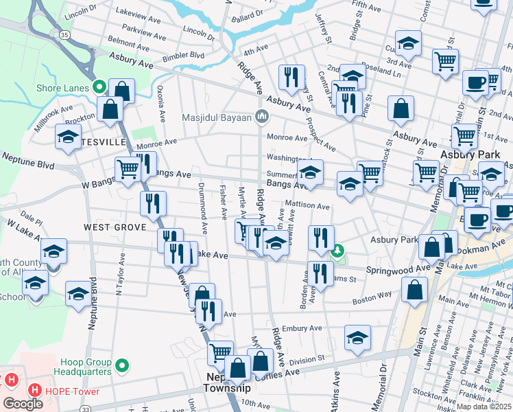 map of restaurants, bars, coffee shops, grocery stores, and more near 157 Ridge Avenue in Asbury Park