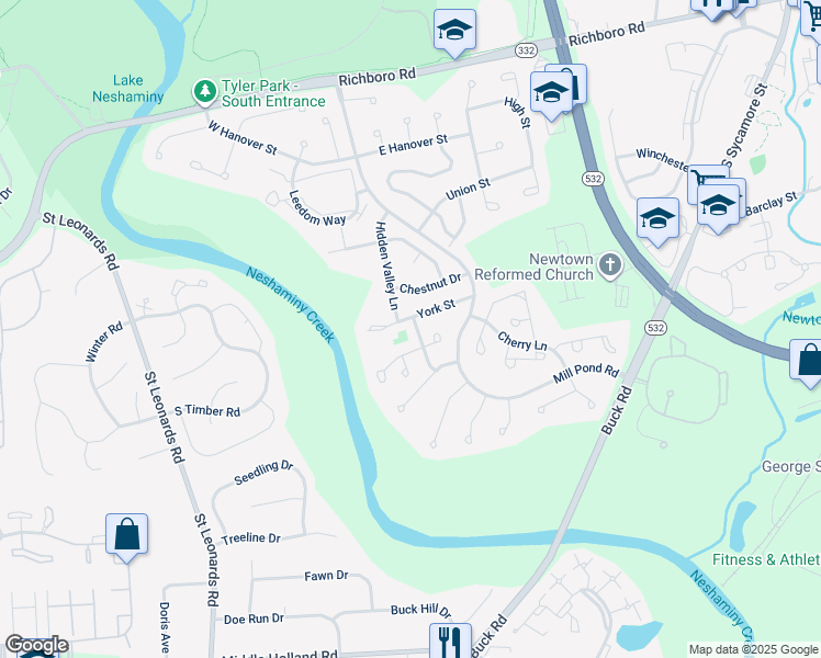 map of restaurants, bars, coffee shops, grocery stores, and more near 3 Princess Lane in Newtown