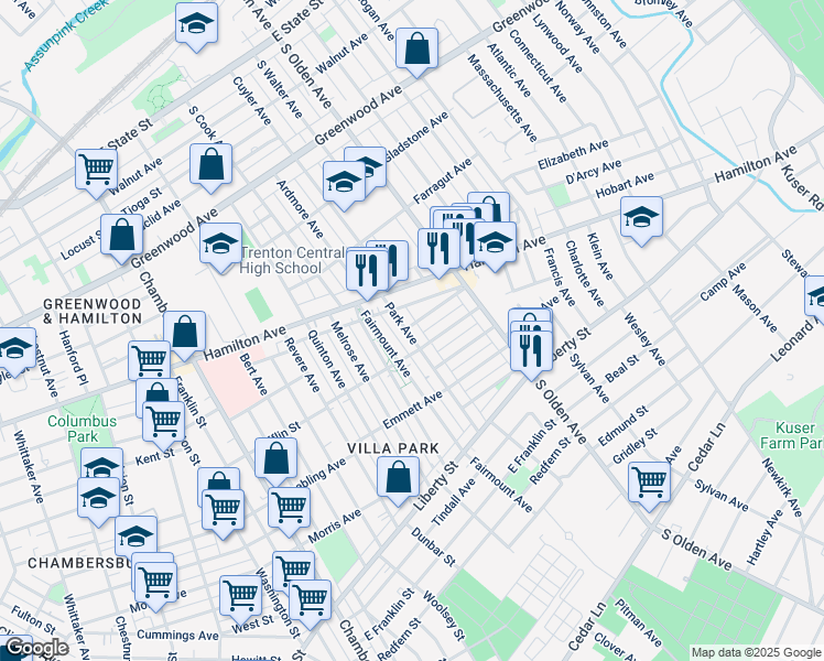 map of restaurants, bars, coffee shops, grocery stores, and more near 870 Park Avenue in Trenton