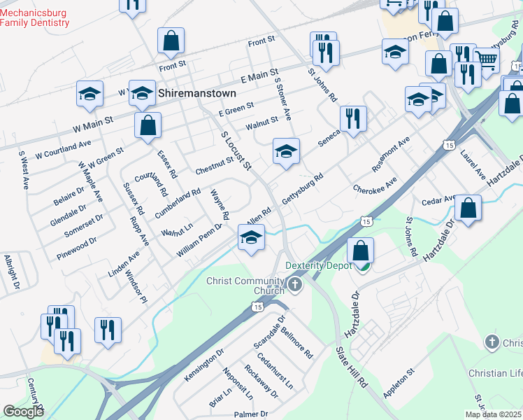 map of restaurants, bars, coffee shops, grocery stores, and more near 4204 Allen Road in Camp Hill