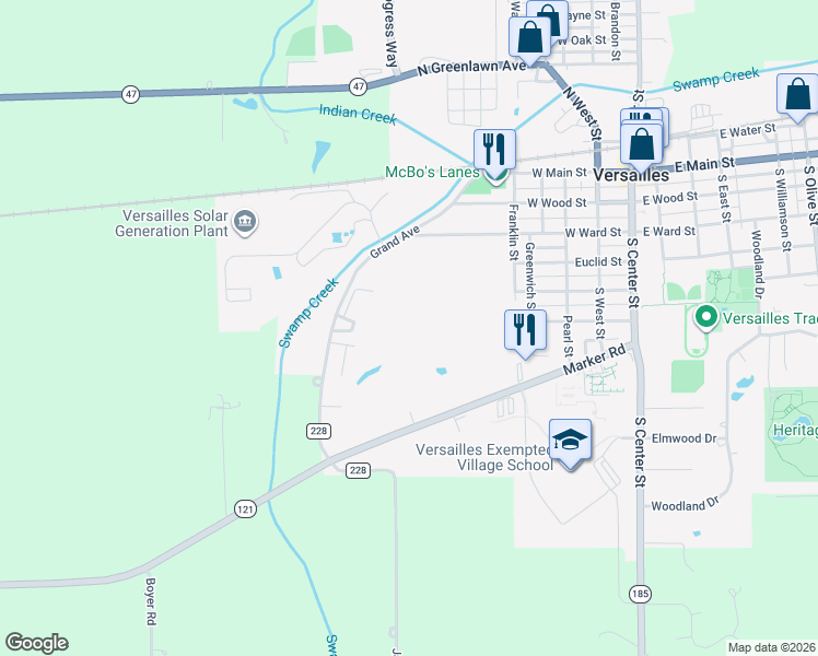 map of restaurants, bars, coffee shops, grocery stores, and more near 10175 Ohio 121 in Versailles