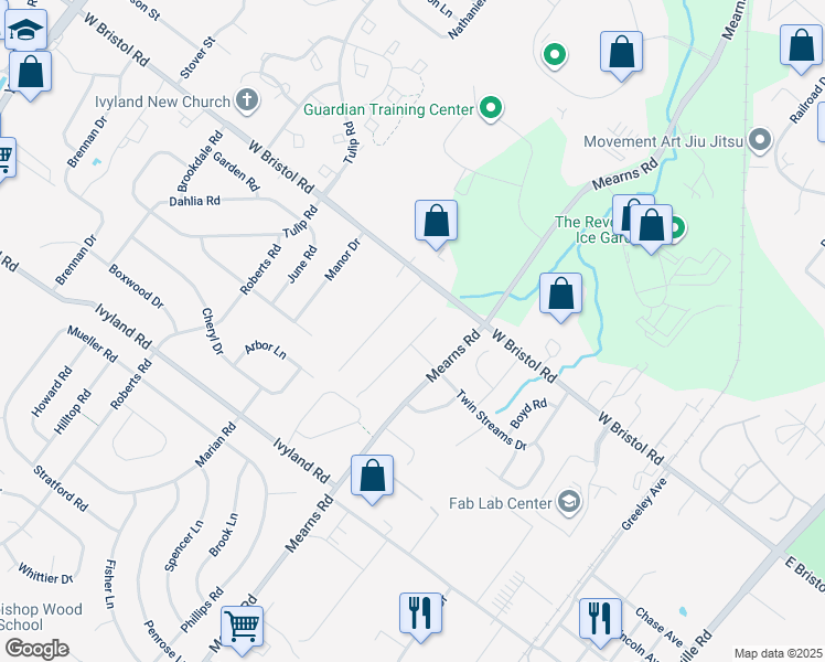 map of restaurants, bars, coffee shops, grocery stores, and more near 1280 Sturbridge Drive in Warminster