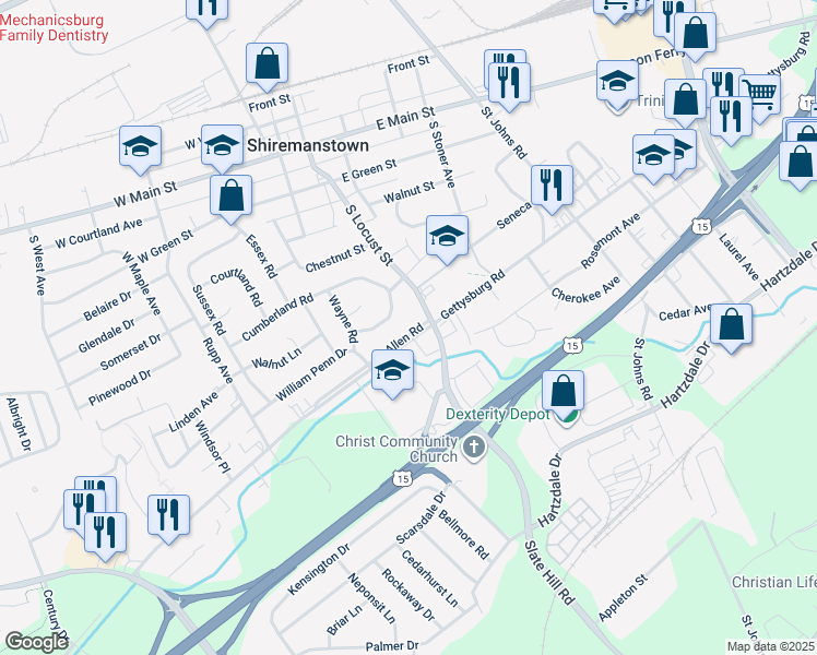 map of restaurants, bars, coffee shops, grocery stores, and more near 4204 Allen Road in Camp Hill