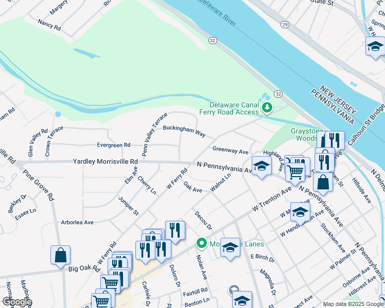 map of restaurants, bars, coffee shops, grocery stores, and more near 1000 Yardley Road in Yardley