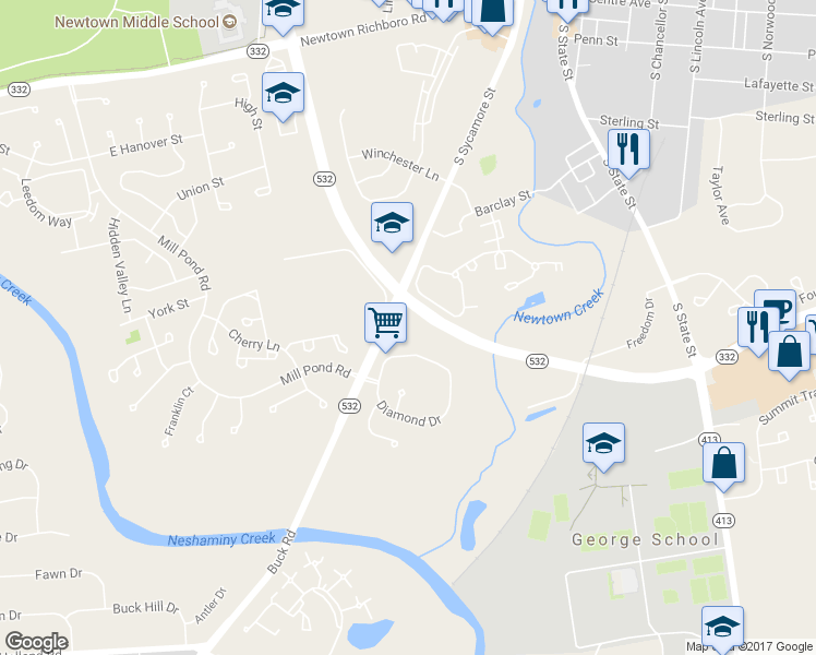 map of restaurants, bars, coffee shops, grocery stores, and more near 208 Diamond Drive in Newtown