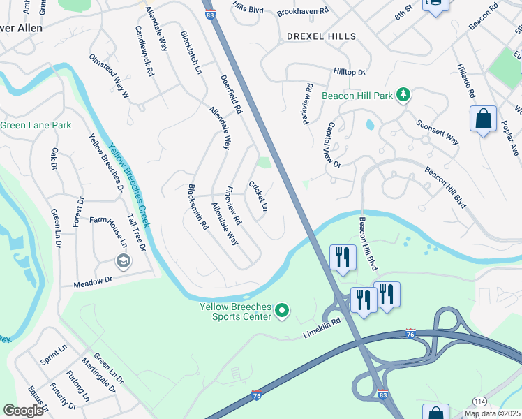 map of restaurants, bars, coffee shops, grocery stores, and more near 132 Cricket Lane in Camp Hill