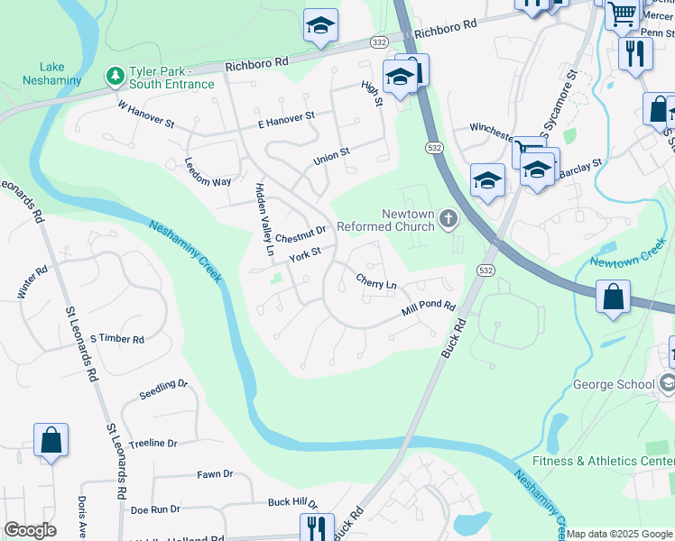 map of restaurants, bars, coffee shops, grocery stores, and more near 62 Ardsley Court in Newtown