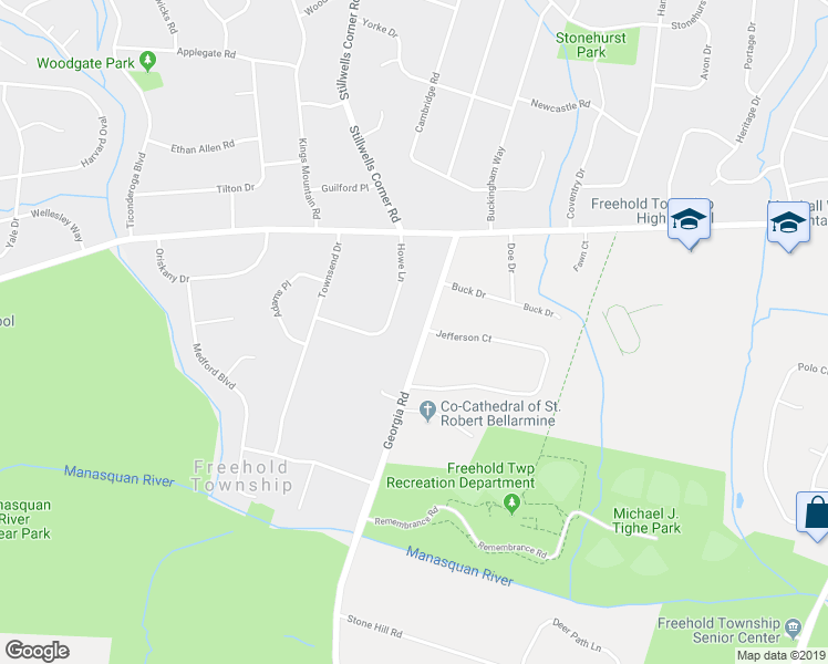 map of restaurants, bars, coffee shops, grocery stores, and more near 22 Georgia Road in Freehold