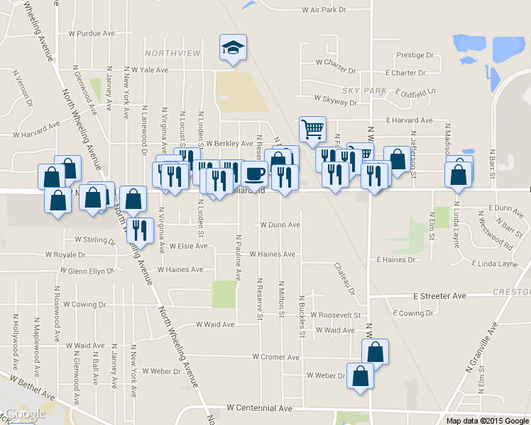 map of restaurants, bars, coffee shops, grocery stores, and more near 3100 N Reserve St in Muncie