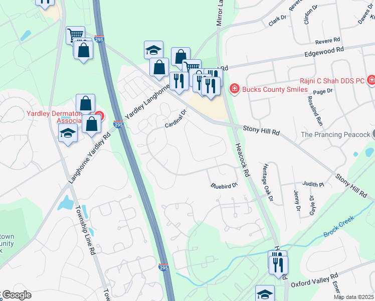 map of restaurants, bars, coffee shops, grocery stores, and more near 625B Rose Hollow Drive in Yardley