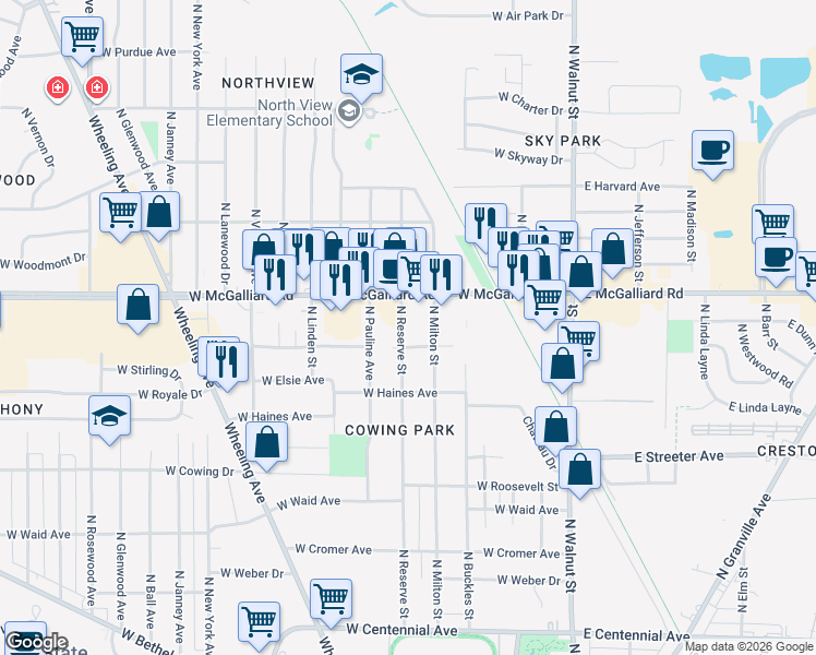map of restaurants, bars, coffee shops, grocery stores, and more near 3100 North Reserve Street in Muncie