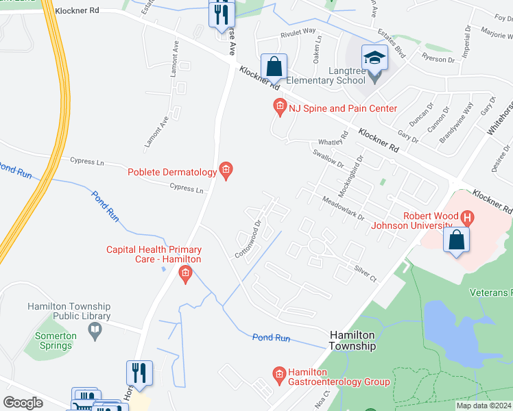 map of restaurants, bars, coffee shops, grocery stores, and more near 8 Holly Court in Hamilton Township