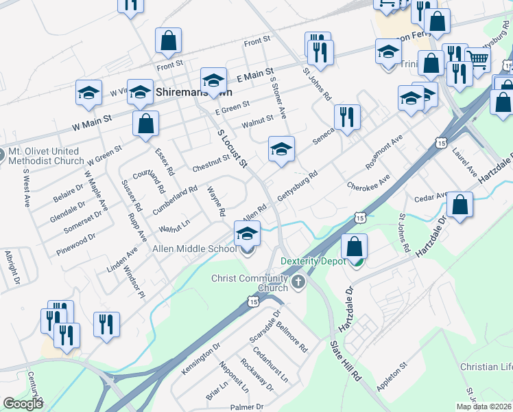 map of restaurants, bars, coffee shops, grocery stores, and more near 114 Cumberland Drive in Camp Hill