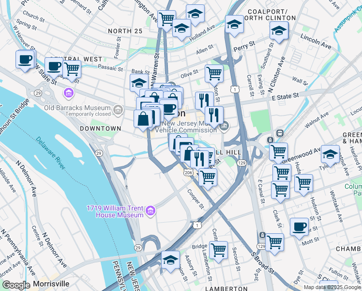 map of restaurants, bars, coffee shops, grocery stores, and more near 83-87 Jackson Street in Trenton