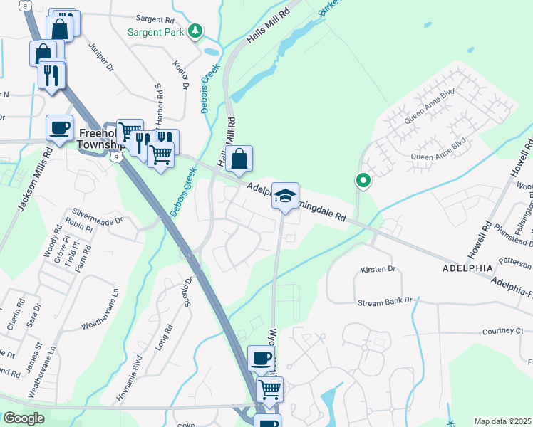 map of restaurants, bars, coffee shops, grocery stores, and more near 37 Watson Court in Howell Township