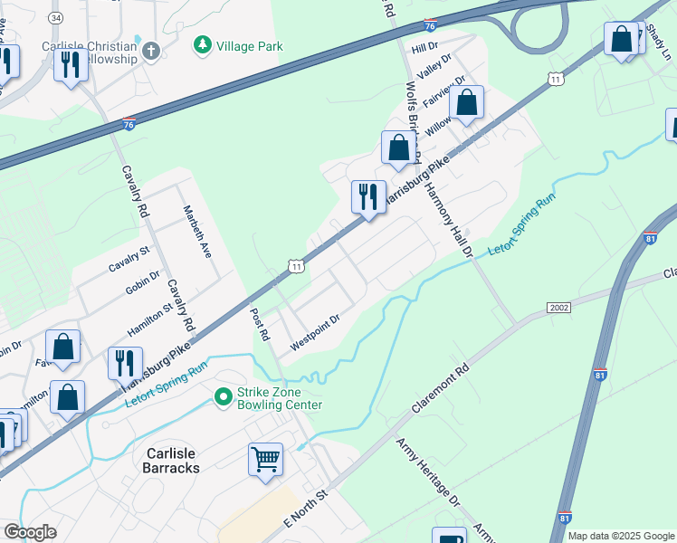 map of restaurants, bars, coffee shops, grocery stores, and more near 529 Taylor Avenue in Carlisle