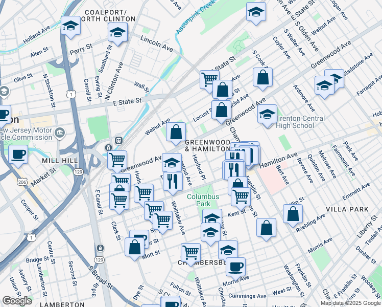 map of restaurants, bars, coffee shops, grocery stores, and more near 15 Hanford Place in Trenton