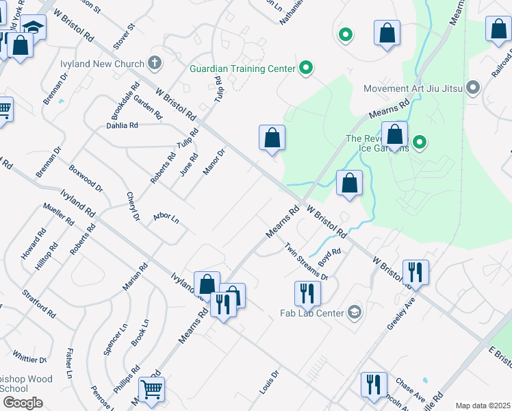 map of restaurants, bars, coffee shops, grocery stores, and more near 1280 Sturbridge Drive in Warminster