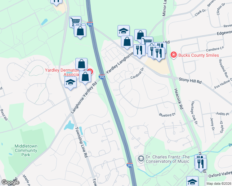 map of restaurants, bars, coffee shops, grocery stores, and more near 1790A Bayley Lane in Yardley