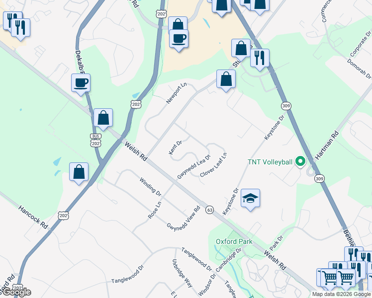 map of restaurants, bars, coffee shops, grocery stores, and more near 117 Kent Drive in North Wales
