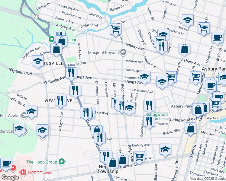 map of restaurants, bars, coffee shops, grocery stores, and more near 415 Myrtle Avenue in Neptune City