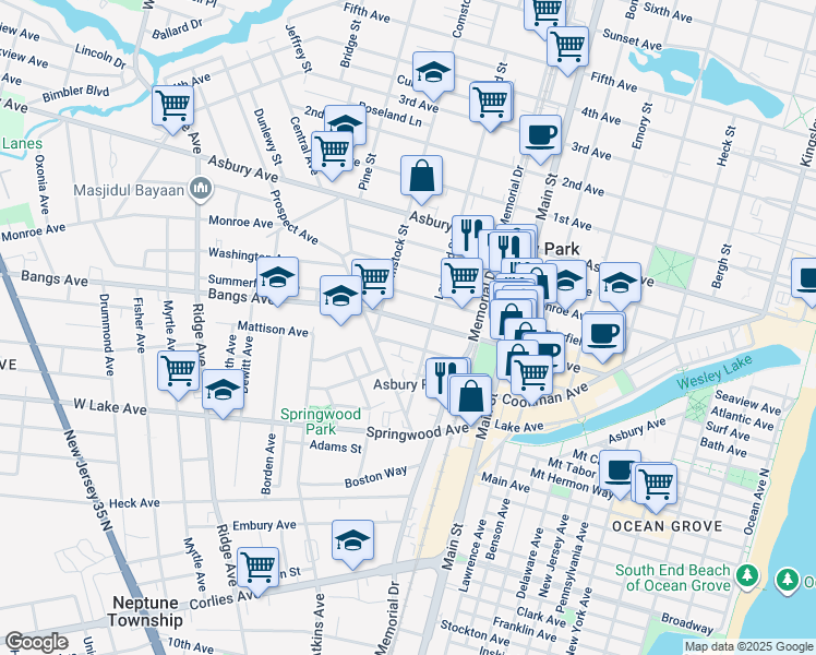 map of restaurants, bars, coffee shops, grocery stores, and more near 1000 Bangs Avenue in Asbury Park