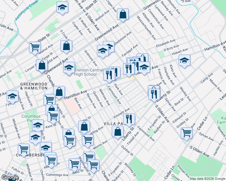 map of restaurants, bars, coffee shops, grocery stores, and more near 824 Fairmount Avenue in Trenton
