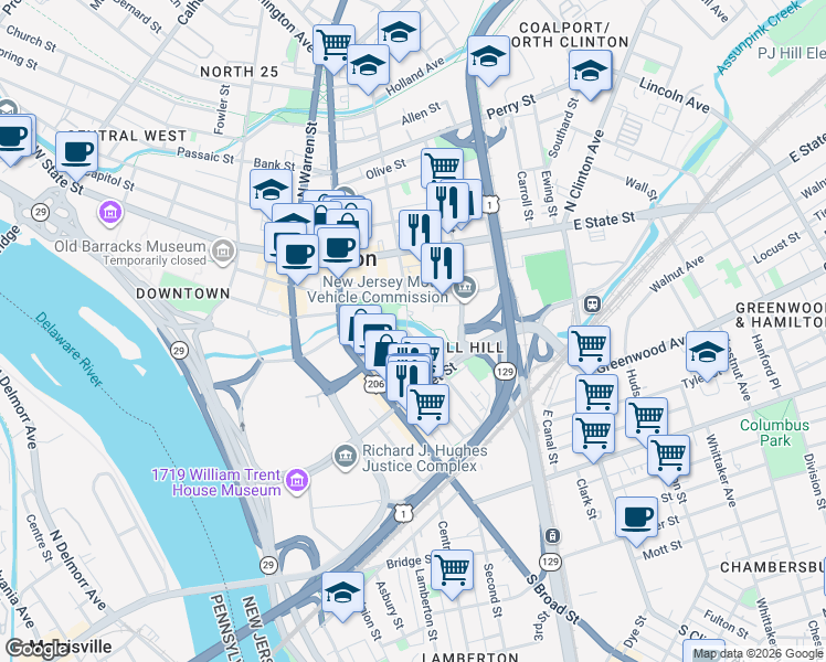 map of restaurants, bars, coffee shops, grocery stores, and more near 126 Mercer Street in Trenton