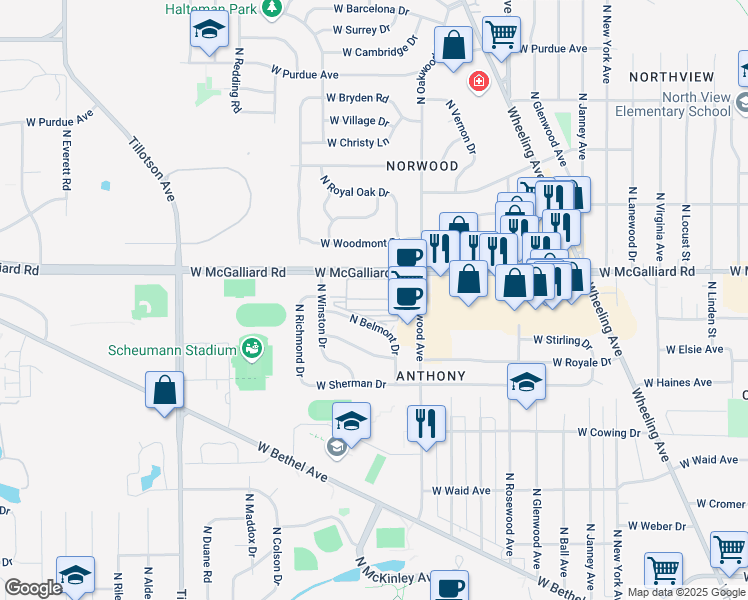 map of restaurants, bars, coffee shops, grocery stores, and more near 2011 West McGalliard Road in Muncie