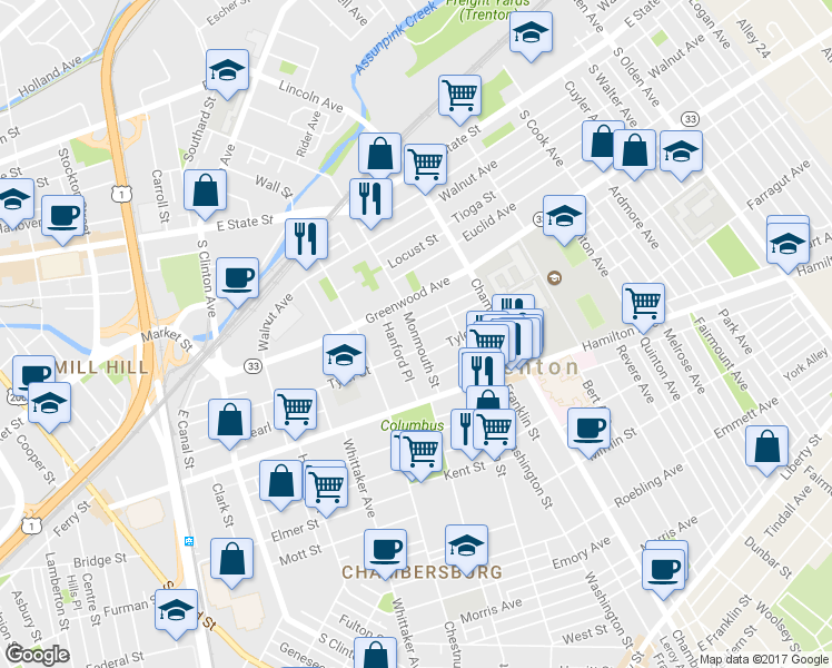 map of restaurants, bars, coffee shops, grocery stores, and more near Monmouth Street & McKinley Avenue in Trenton
