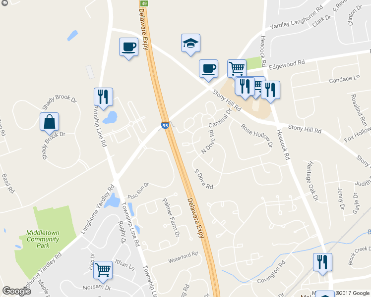 map of restaurants, bars, coffee shops, grocery stores, and more near 1790A Bayley Lane in Yardley