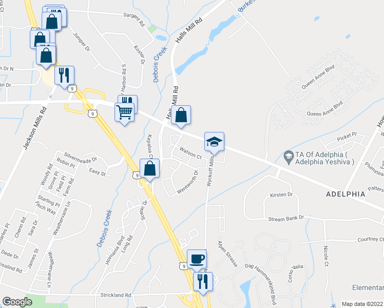 map of restaurants, bars, coffee shops, grocery stores, and more near Watson Court in Howell