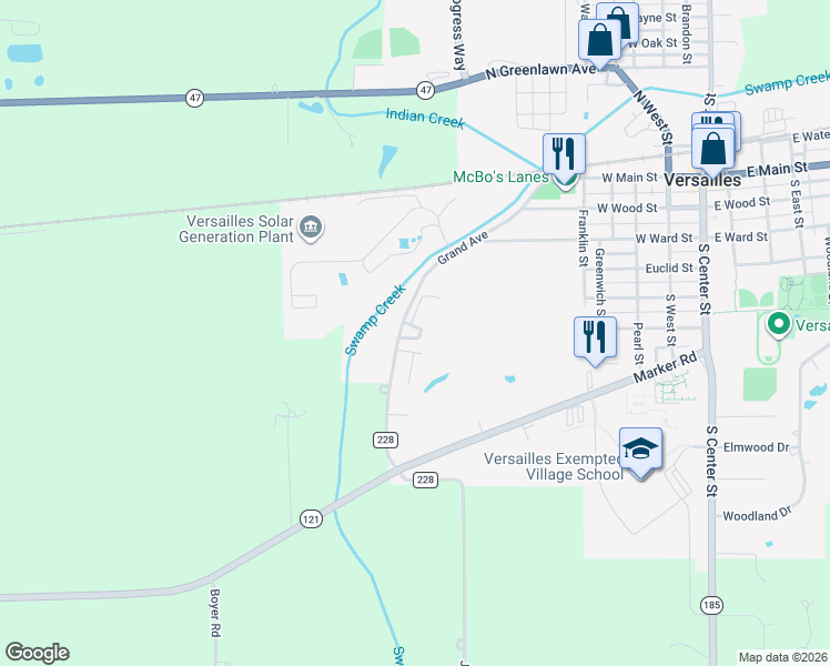 map of restaurants, bars, coffee shops, grocery stores, and more near 10175 Ohio 121 in Versailles