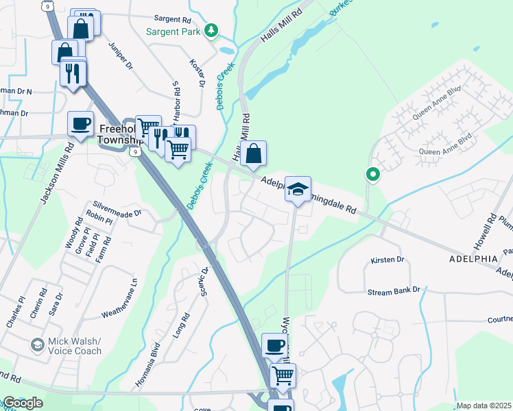 map of restaurants, bars, coffee shops, grocery stores, and more near 61 Winged Foot Court in Howell Township