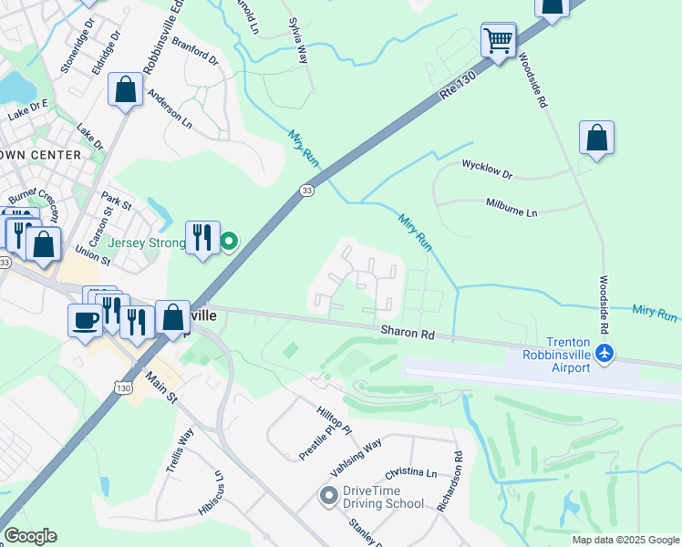 map of restaurants, bars, coffee shops, grocery stores, and more near 1 Beverly Court in Robbinsville