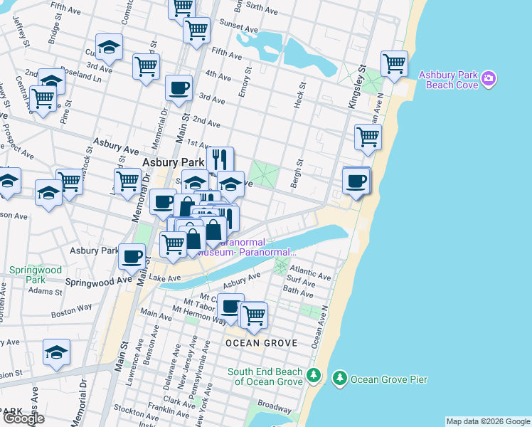 map of restaurants, bars, coffee shops, grocery stores, and more near 319 Cookman Avenue in Asbury Park