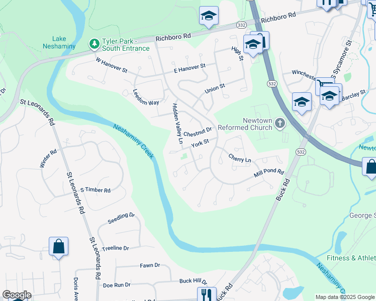 map of restaurants, bars, coffee shops, grocery stores, and more near 1 Princess Lane in Newtown